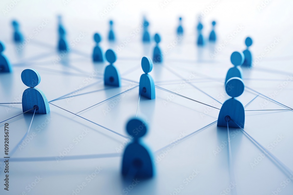 Blue figurines are connecting with each other through a network made of string in a concept about social media and business relations Blue figurines are connecting with each other through a network made of string in a concept about social media and business relations