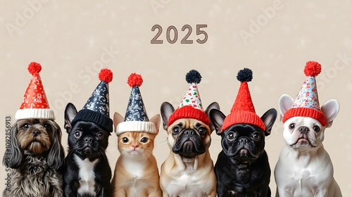 Cute dogs and cats celeberate 2025 Happy New Year ,Animal Party ,wear party hats, with 