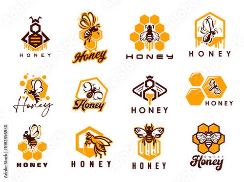 Honey bee, beekeeping icons. Apiary symbols of vector bee insects, honeycombs and hexagon wax with gold drops of sweet flower nectar. Natural honey labels set, healthy food product packaging tags