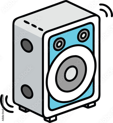 3D-style speaker with sound wave symbols, Illustration of a gray and blue speaker in a 3D perspective, featuring dual drivers and sound wave symbols, showcasing a modern design.
