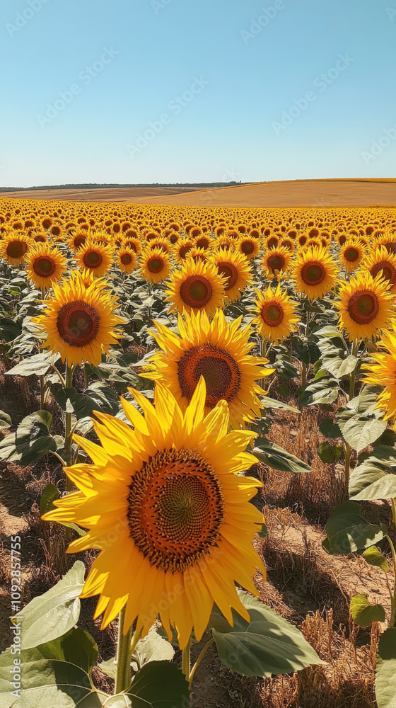 Obraz premium A photo of a field of mature sunflowers with a photorealistic style. The sunflowers are in full bloom, with their yellow petals radiating 