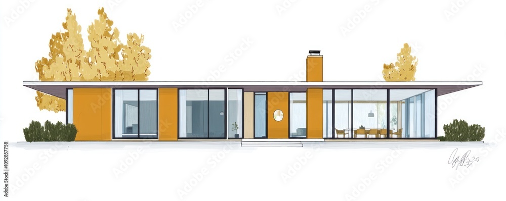 A modern, minimalist house design featuring large windows and an orange exterior. A modern, minimalist house design featuring large windows and an orange exterior.