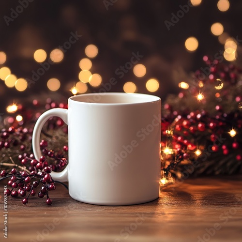 White ceramic mug with dried flowers on rustic fabric background.