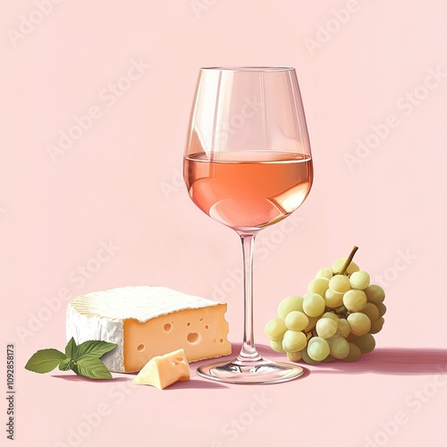Pink wine, grapes and cheese on a soft pink background.