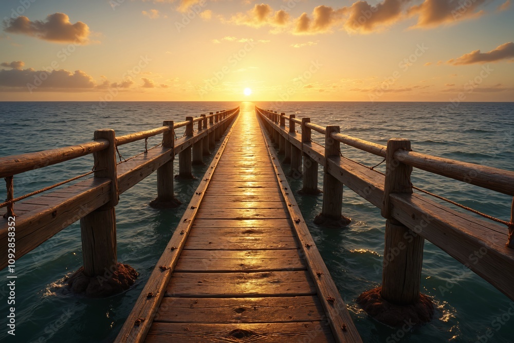 Fototapeta premium Serene Sunset Ocean Pier Tranquil Wooden Pathway to Horizon