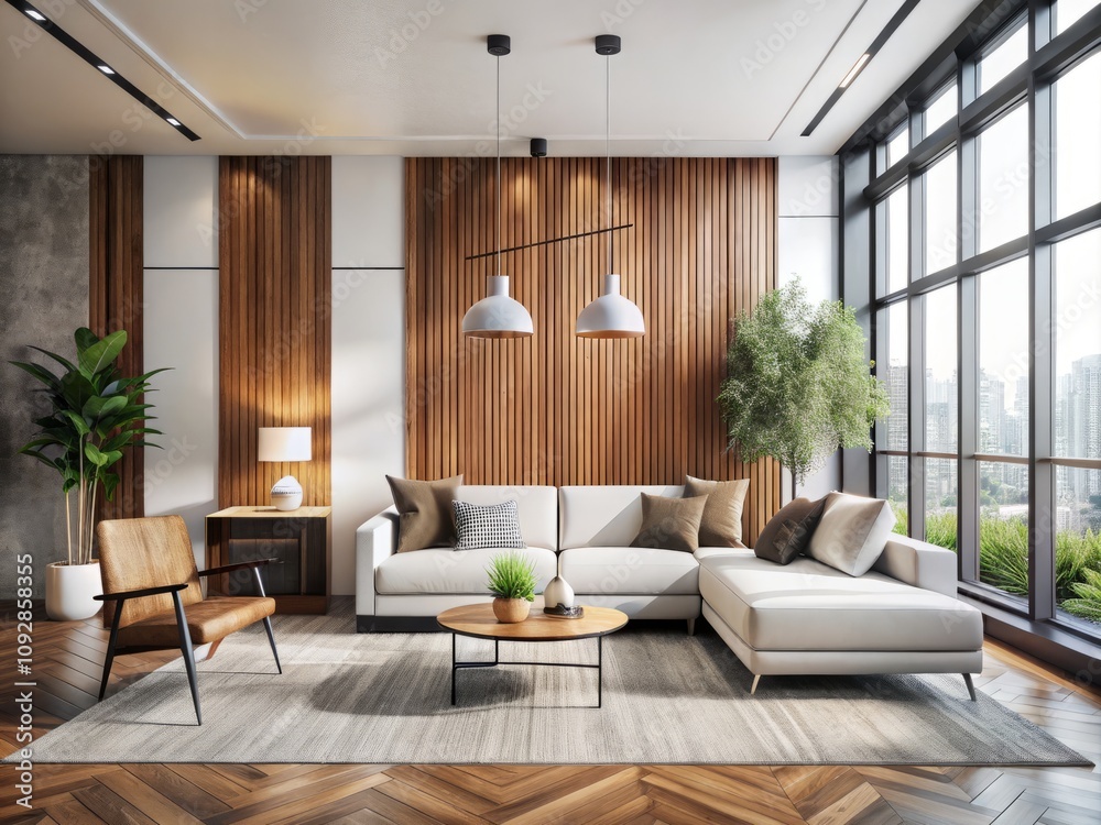 Fototapeta premium Modern Loft Living Room with White Walls and Wood Texture Panel - Spacious, Bright, and Minimalist Design Perfect for Contemporary Home Decor and Interior Inspiration