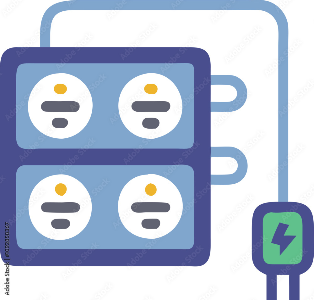 Electric power outlet illustration with plug, Flat illustration of a power outlet with multiple sockets, connected to a plug featuring a lightning bolt symbol, in a modern style.
Electric power outlet illustration with plug, Flat illustration of a power outlet with multiple sockets, connected to a plug featuring a lightning bolt symbol, in a modern style.