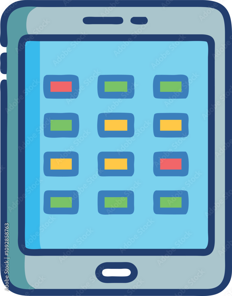 Tablet with colorful app icons on screen, Illustration of a modern tablet featuring a blue screen with vibrant app icons arranged in a grid, drawn in a playful style.
Tablet with colorful app icons on screen, Illustration of a modern tablet featuring a blue screen with vibrant app icons arranged in a grid, drawn in a playful style.