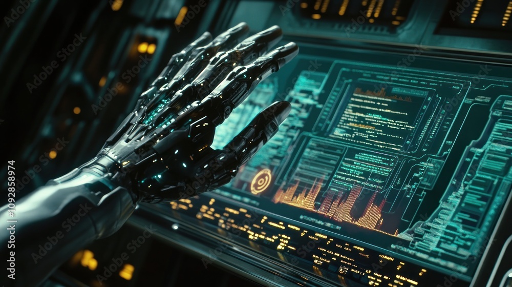 Fototapeta premium A robotic hand interacts with a futuristic digital interface displaying data and graphs.
