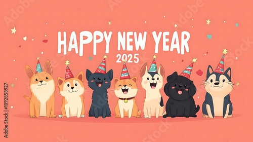 Cute dogs  celeberate 2025 Happy New Year ,Animal Party ,wear party hats, with 