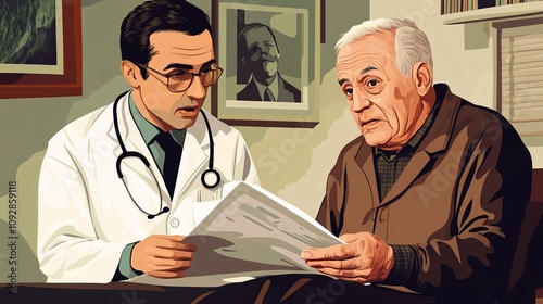 Senior patient and doctor discussing health status photo