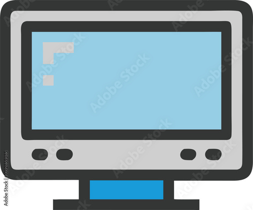 Minimalist computer monitor with blue screen, Flat illustration of a modern computer monitor featuring a gray frame, light blue screen, and a simple, minimalist design.
