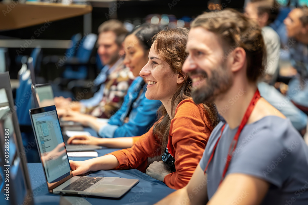 Adults Learning to Code focused on laptops, learning programming in a modern classroom environment