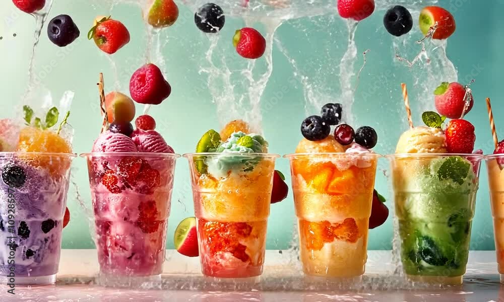 fresh berries and fruits in glasses with ice cream and mint. healthy dessert. summer.