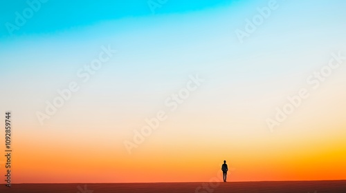 A solitary figure stands against a vibrant sunset sky, evoking feelings of reflection and solitude.