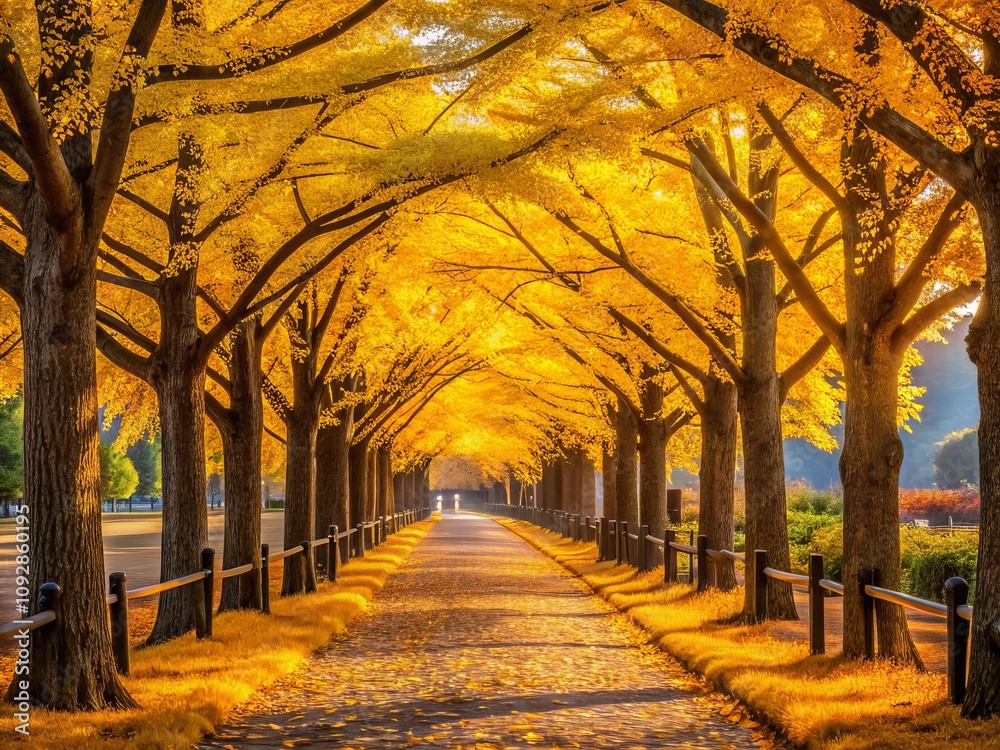 Fototapeta premium Serene Autumn Scene of Ginkgo Trees at Sunset in Hongcheon: A Traveler's Oasis Amidst Golden Leaves and Tranquil Beauty
