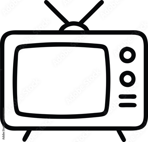 Retro television icon with antenna, Black outline icon of a vintage television with antenna, classic rounded screen, and control knobs in a minimalist style.
