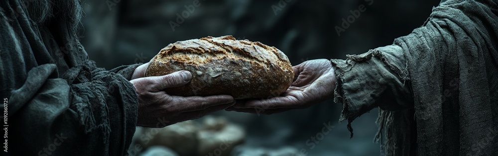 Symbolic image of Jesus giving bread to a beggar's hands Symbolic image of Jesus giving bread to a beggar's hands