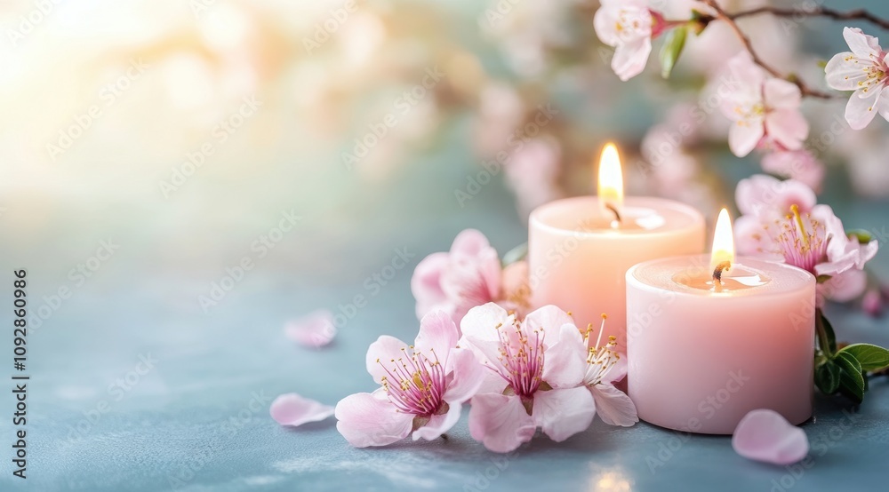 Candles and spring flowers on a light background, cherry blossoms, a spa and wellness concept.