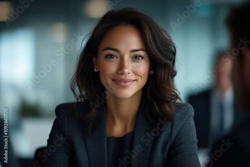 A confident businesswoman with dark hair wearing a suit, smiling at the camera in a brightly lit modern office environment with colleagues in the background.