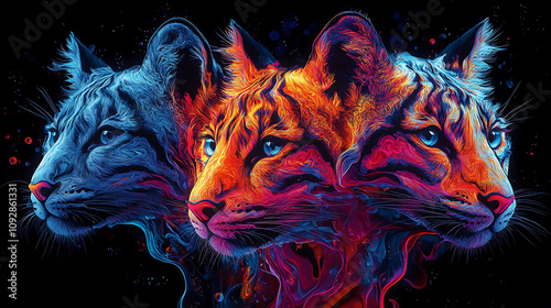 A vibrant, artistic depiction of three tiger heads in vivid colors against a dark background. photo