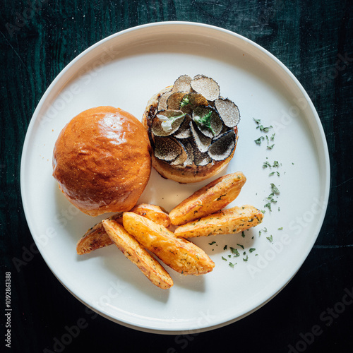 White plate of fresh sliced black truffle and beef burger with fries and green herb side dish, top view food styling 
