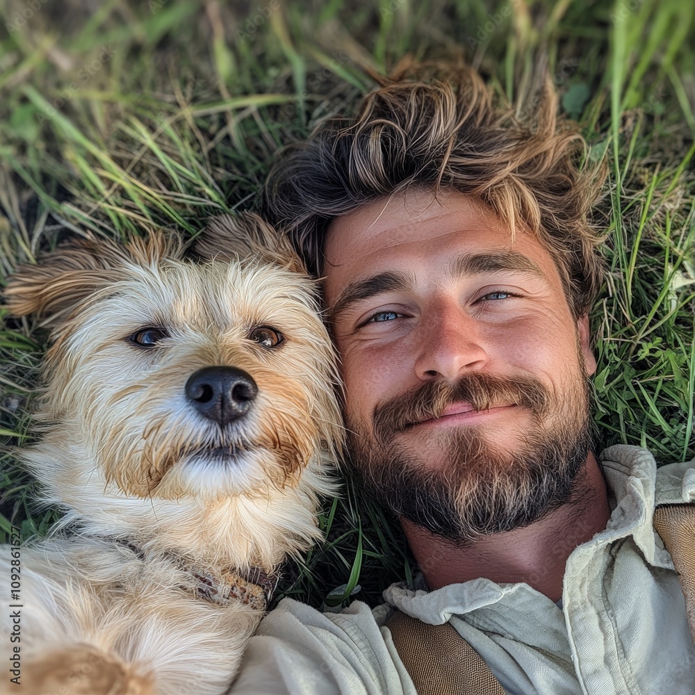 Joyful Moment of Man Relaxing with Dog on Grass