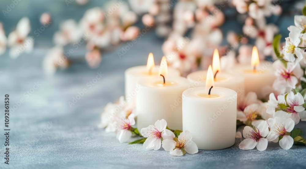 Candles and spring flowers on a light background, cherry blossoms, a spa and wellness concept. Candles and spring flowers on a light background, cherry blossoms, a spa and wellness concept.
