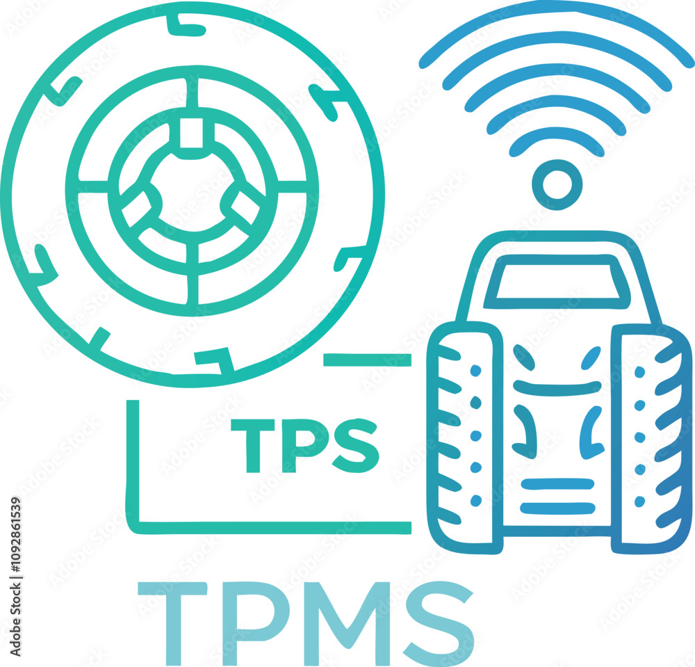 Gradient TPMS Vector Illustration with Wireless Signal, Gradient-style vector illustration of a Tire Pressure Monitoring System (TPMS) featuring a tire, vehicle, and wireless signal, ideal for automot