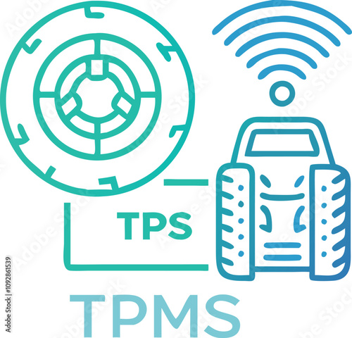 Gradient TPMS Vector Illustration with Wireless Signal, Gradient-style vector illustration of a Tire Pressure Monitoring System (TPMS) featuring a tire, vehicle, and wireless signal, ideal for automot