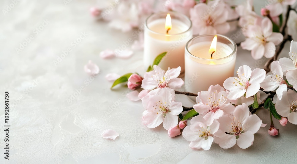 Candles and spring flowers on a light background, cherry blossoms, a spa and wellness concept. Candles and spring flowers on a light background, cherry blossoms, a spa and wellness concept.