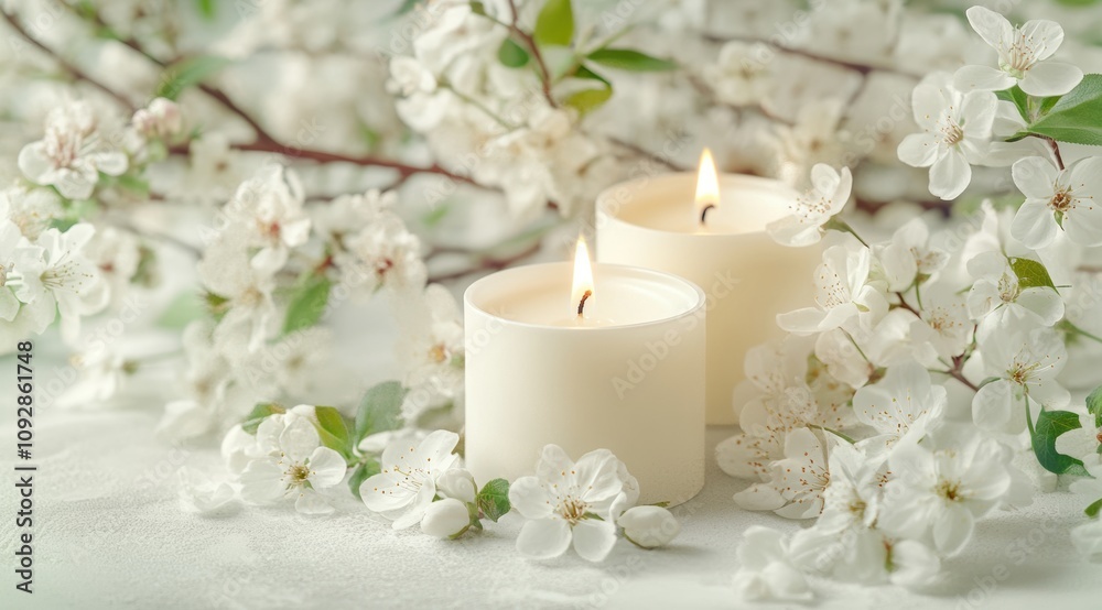 Candles and spring flowers on a light background, cherry blossoms, a spa and wellness concept Candles and spring flowers on a light background, cherry blossoms, a spa and wellness concept
