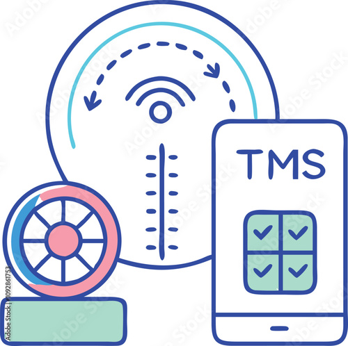 Smart Tire Monitoring System Vector Illustration, Colorful vector illustration of a smart tire monitoring system (TMS) featuring a sensor, wireless signal, and smartphone app interface, ideal for tech