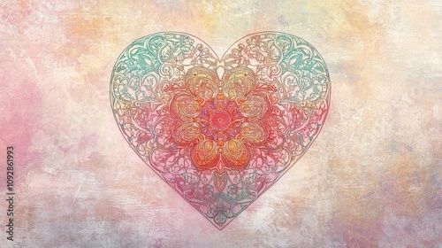 Ornate Mandala Heart Design Pastel Colors Grunge Texture