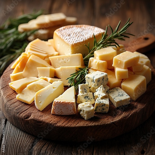 Rustic cheese platter with rosemary garnish.