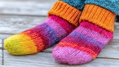 Colorful hand-knitted socks cozy home setting lifestyle image warmth and comfort close-up view winter vibes photo