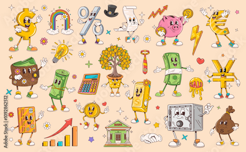 Cartoon retro groovy finance characters and symbols of money and bank. Funny smile hippie cash coins and wallet with dollars vector personages. Happy credit card, piggy bank, safe, vintage money bag