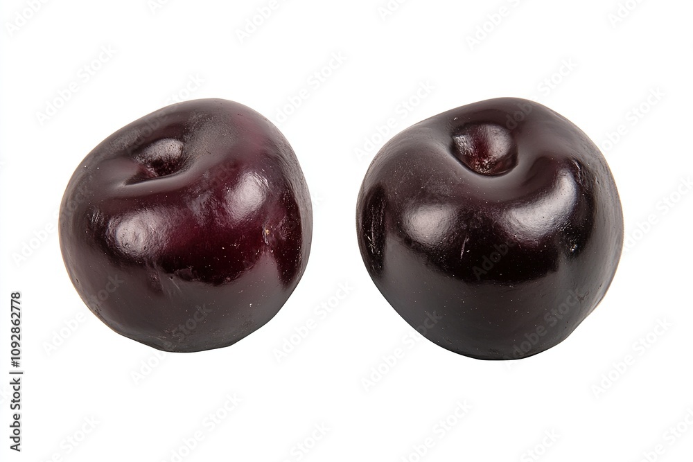 Two glossy dark cherries on a white background. Two glossy dark cherries on a white background.