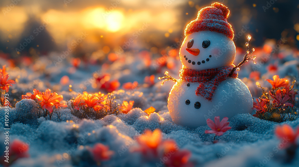 Obraz premium Charming Snowman in Blossoming Landscape Symbolizing Climate Change Effects in Winter