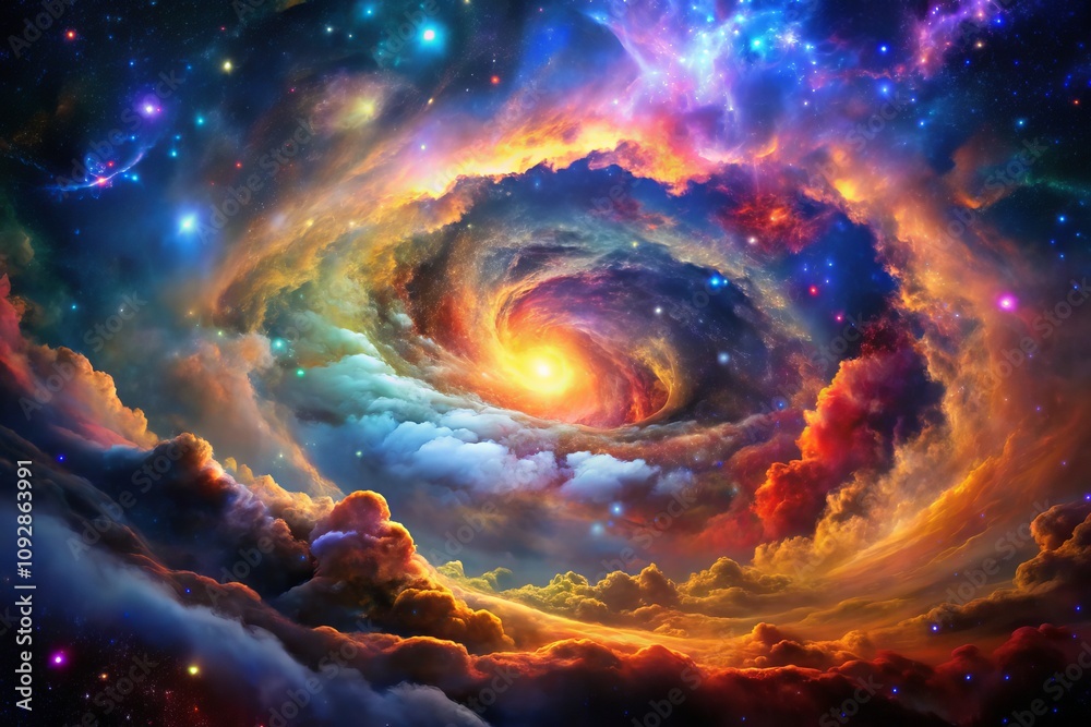 Vibrant Double Exposure of a Colorful Galaxy Nebula and Swirling Galaxies in Outer Space, Capturing the Essence of a Fantastic Supernova and Night Sky Wonder