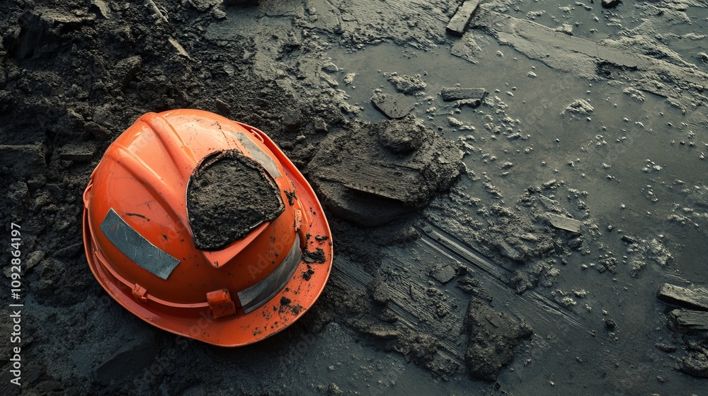 Obraz premium Hard hat and safety vest lying abandoned on a construction site