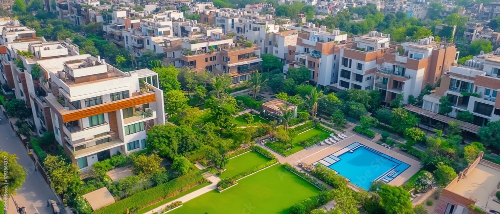 Fototapeta premium Birds-eye view of a serene cityscape, elegant rooftops harmonizing with common gardens and streets, showcasing simplicity in luxury