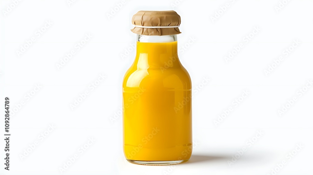 A glass bottle filled with vibrant yellow liquid, likely a juice or beverage, capped with a paper lid. A glass bottle filled with vibrant yellow liquid, likely a juice or beverage, capped with a paper lid.