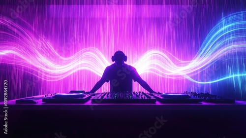 DJ performing in a vibrant nightclub with neon light patterns in blue and pink glowing on a smoky background. Generative AI
