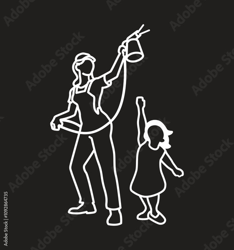 A silhouette of a women and his little daughter standing  with her