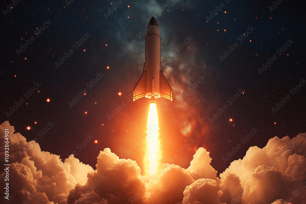 Fototapeta premium Spaceship is launching through a cloudy atmosphere with bright orange fire coming out of its bottom