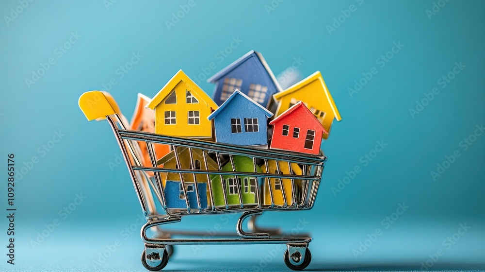 A grocery cart filled with little homes,