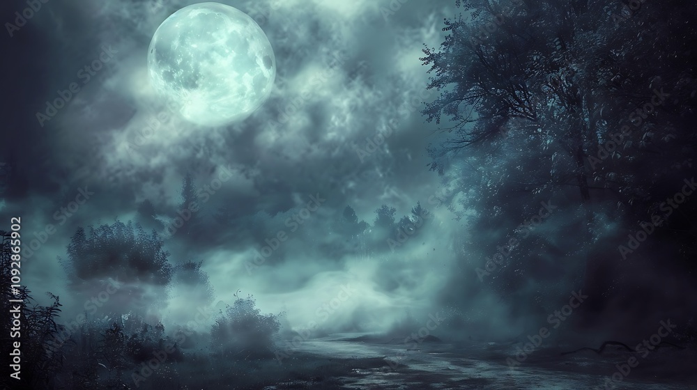 A serene, moonlit landscape with mist and trees, evoking a mysterious and tranquil atmosphere. A serene, moonlit landscape with mist and trees, evoking a mysterious and tranquil atmosphere.
