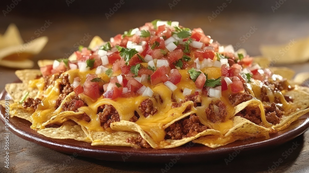 A plate of nachos topped with cheese, ground meat, and fresh vegetables. A plate of nachos topped with cheese, ground meat, and fresh vegetables.