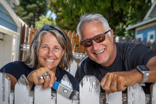 Couple painting a wooden backyard fence fence, enjoying a sunny day outdoors photo